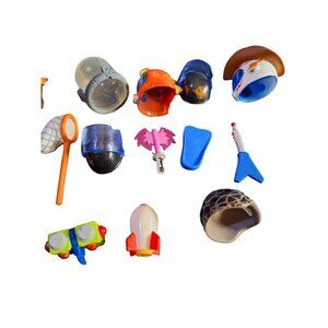 Tech Deck Dude lot of 14 Helmets, Hats, Butterfly Net, Microscope. Rocket Ship